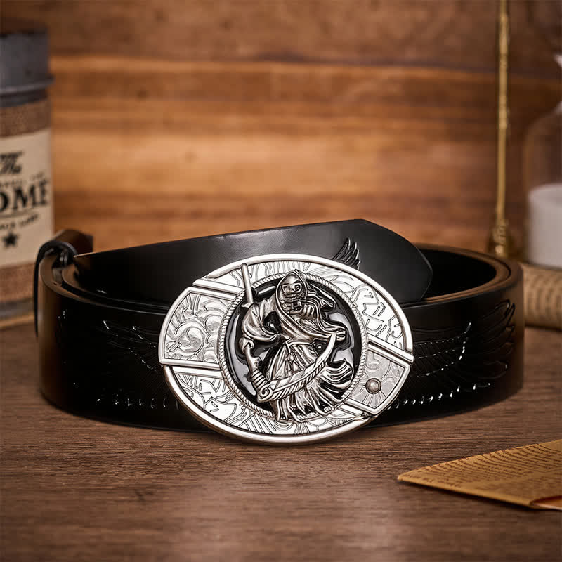 Death Skeleton Warrior DIY Hidden Folding Knife Buckle Leather Belt - Skeleton Warrior - Black Embossed Eagle Belt - 42 - image 2