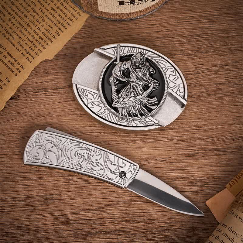 Death Skeleton Warrior DIY Hidden Folding Knife Buckle Leather Belt - image 1