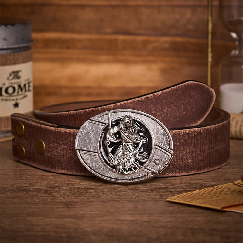 Death Skeleton Warrior DIY Hidden Folding Knife Buckle Leather Belt - Skeleton Warrior - Brown Distressed Belt - 42 - image 5
