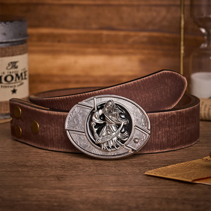 Death Skeleton Warrior DIY Hidden Folding Knife Buckle Leather Belt - Skeleton Warrior - Brown Distressed Belt - 42 - image 5