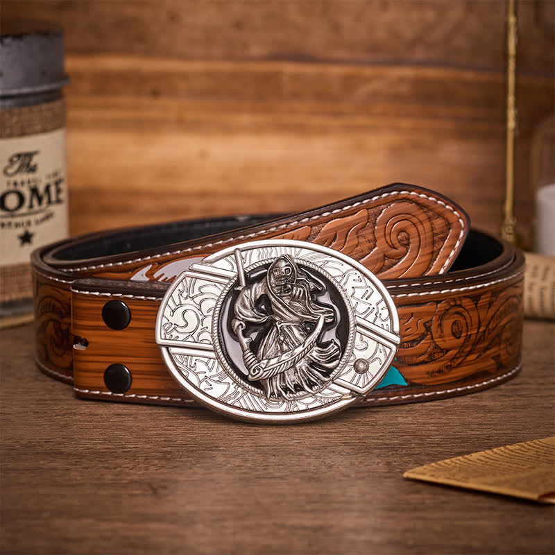 Death Skeleton Warrior DIY Hidden Folding Knife Buckle Leather Belt - Skeleton Warrior - Brown Feather Belt - 40 - image 7