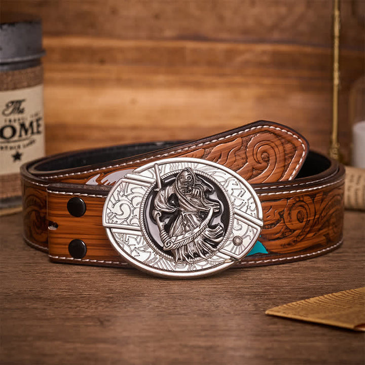 Death Skeleton Warrior DIY Hidden Folding Knife Buckle Leather Belt - Skeleton Warrior - Brown Feather Belt - 40 - image 7