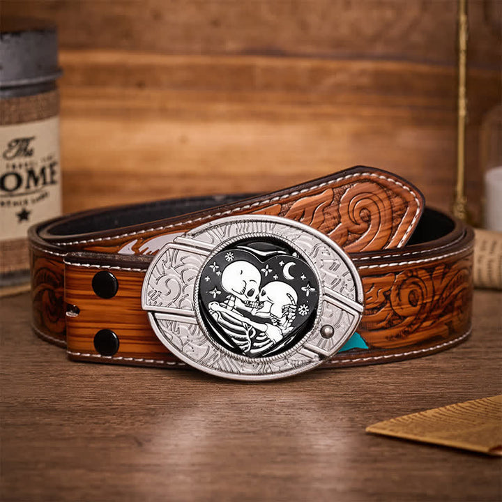 Gothic Hug Skeleton Lovers DIY Hidden Folding Knife Buckle Leather Belt - Skeleton Lovers - Brown Feather Belt - 40 - image 7