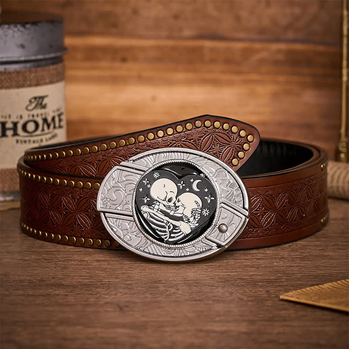 Gothic Hug Skeleton Lovers DIY Hidden Folding Knife Buckle Leather Belt - Skeleton Lovers - Brown Rivet Belt - 42 - image 4