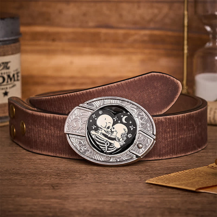 Gothic Hug Skeleton Lovers DIY Hidden Folding Knife Buckle Leather Belt - Skeleton Lovers - Brown Distressed Belt - 42 - image 5