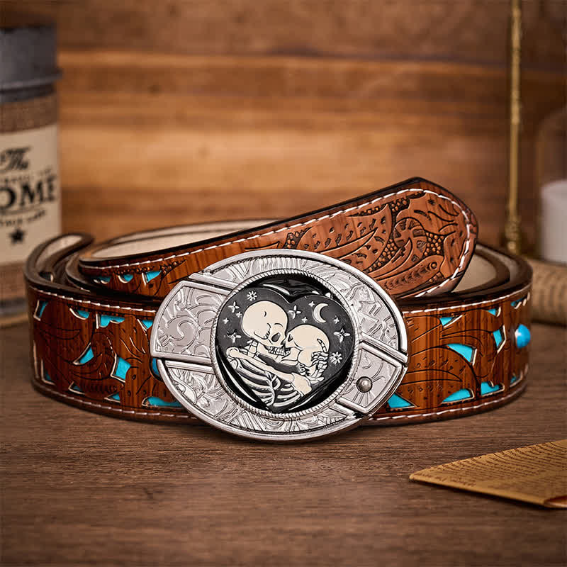 Gothic Hug Skeleton Lovers DIY Hidden Folding Knife Buckle Leather Belt - Skeleton Lovers - Turquoise Carved Belt - 42 - image 3