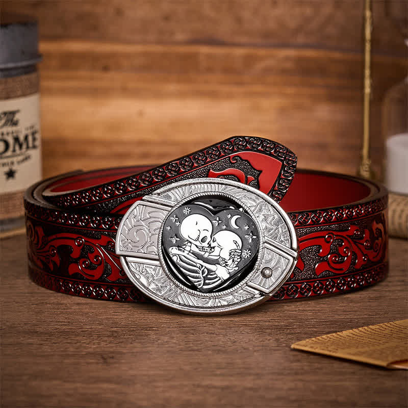 Gothic Hug Skeleton Lovers DIY Hidden Folding Knife Buckle Leather Belt - Skeleton Lovers - Brown Carved Belt - 42 - image 6