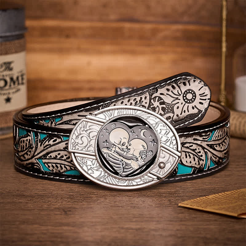 Gothic Hug Skeleton Lovers DIY Hidden Folding Knife Buckle Leather Belt - Skeleton Lovers - Gray Floral Belt - 42 - image 8
