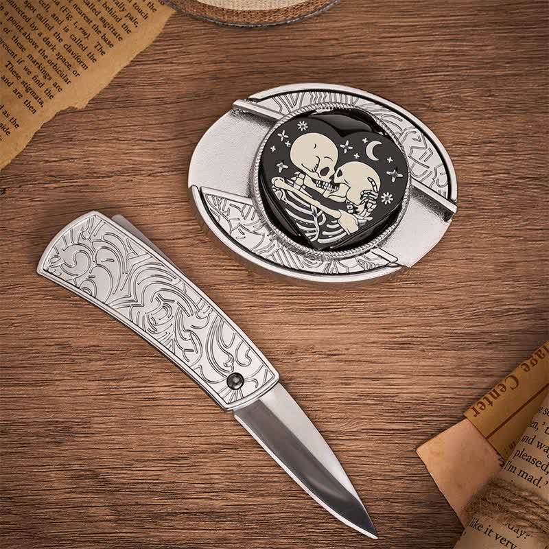 Gothic Hug Skeleton Lovers DIY Hidden Folding Knife Buckle Leather Belt - image 1