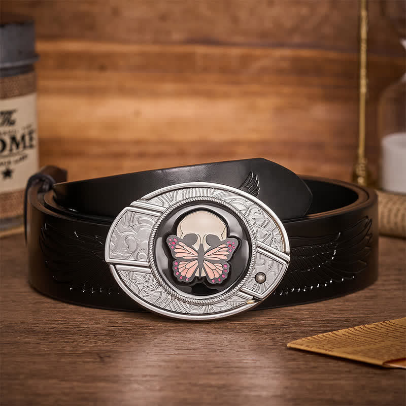 Life & Death Butterfly Skull DIY Hidden Folding Knife Buckle Leather Belt - Butterfly & Skull - Black Embossed Eagle Belt - 42 - image 2