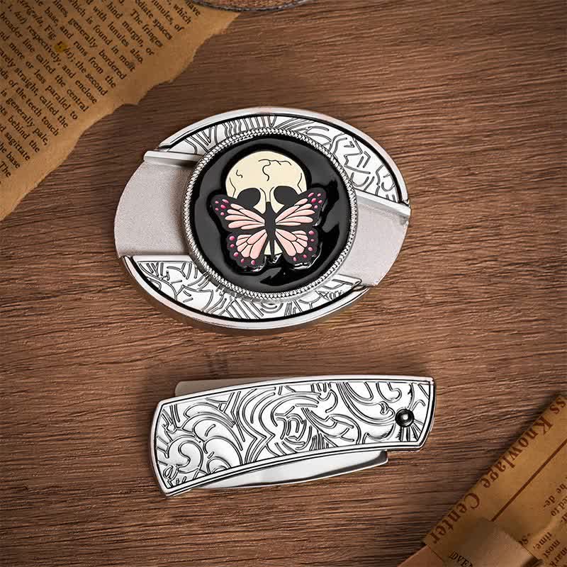 Life & Death Butterfly Skull DIY Hidden Folding Knife Buckle Leather Belt - image 10