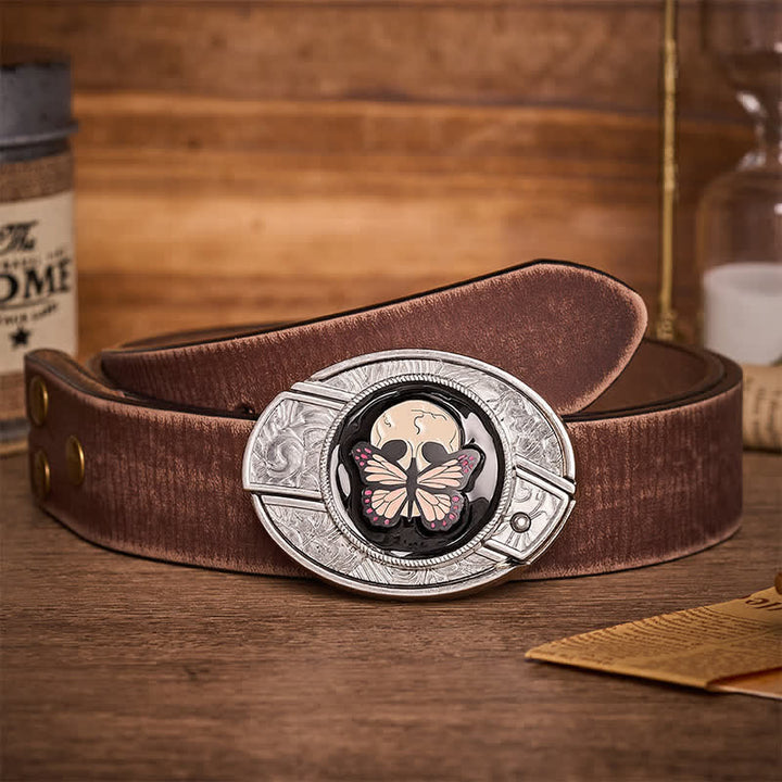 Life & Death Butterfly Skull DIY Hidden Folding Knife Buckle Leather Belt - Butterfly & Skull - Brown Distressed Belt - 42 - image 5