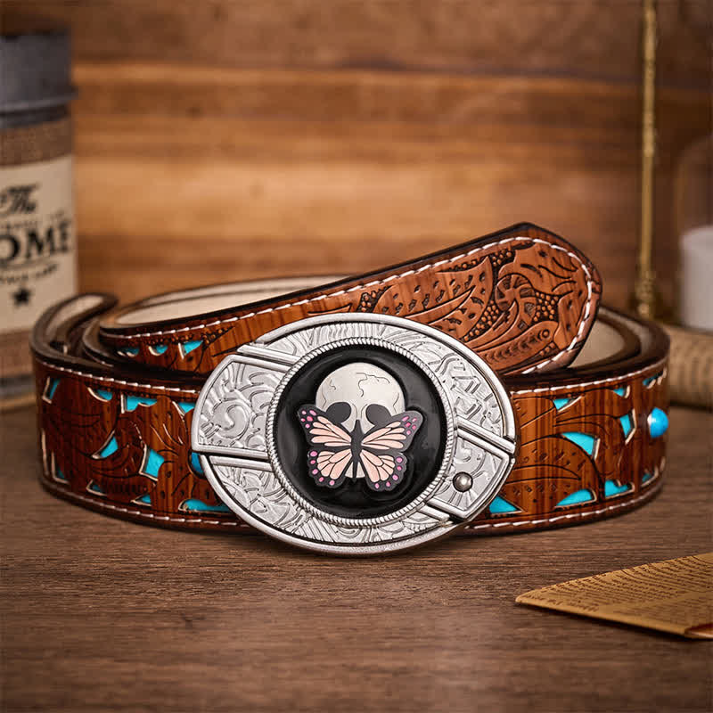 Life & Death Butterfly Skull DIY Hidden Folding Knife Buckle Leather Belt - Butterfly & Skull - Turquoise Carved Belt - 42 - image 3