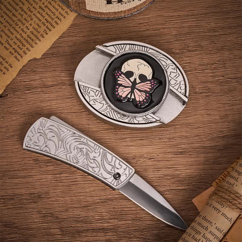 Life & Death Butterfly Skull DIY Hidden Folding Knife Buckle Leather Belt - image 1