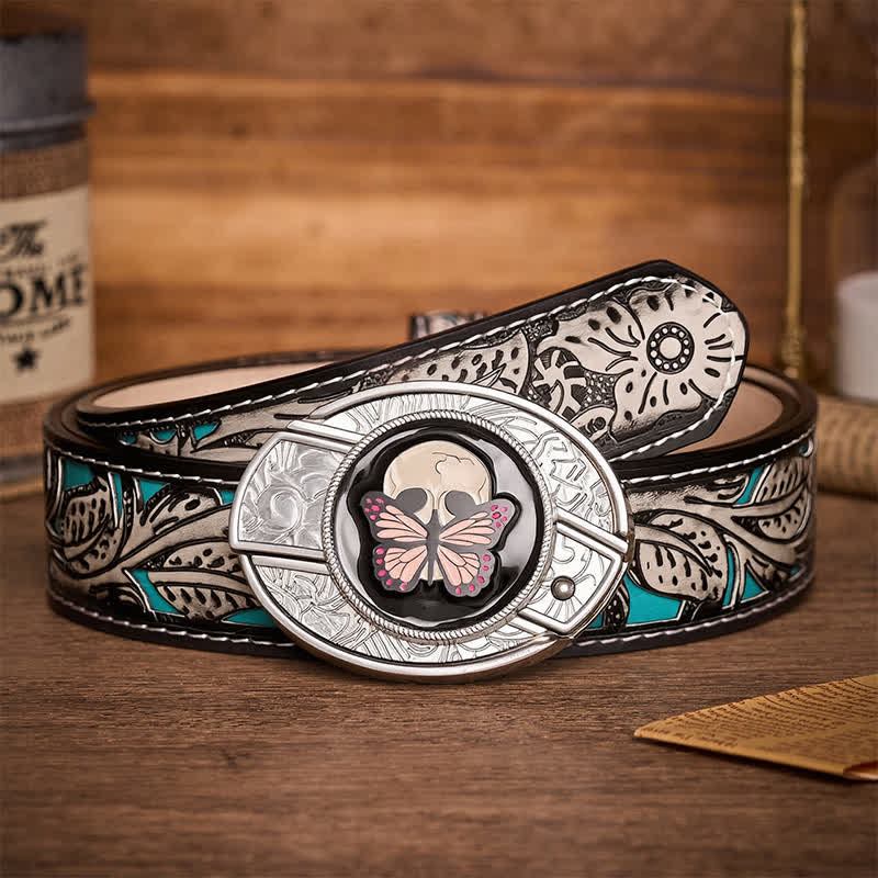 Life & Death Butterfly Skull DIY Hidden Folding Knife Buckle Leather Belt - Butterfly & Skull - Gray Floral Belt - 42 - image 8