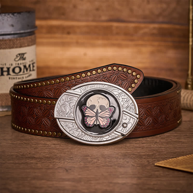 Life & Death Butterfly Skull DIY Hidden Folding Knife Buckle Leather Belt - Butterfly & Skull - Brown Rivet Belt - 42 - image 4