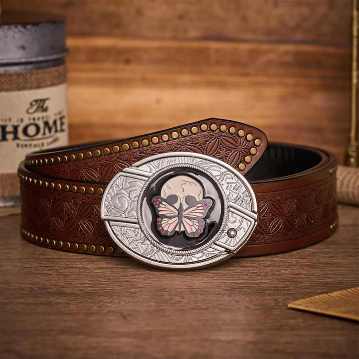 Life & Death Butterfly Skull DIY Hidden Folding Knife Buckle Leather Belt - Butterfly & Skull - Brown Rivet Belt - 42 - image 4