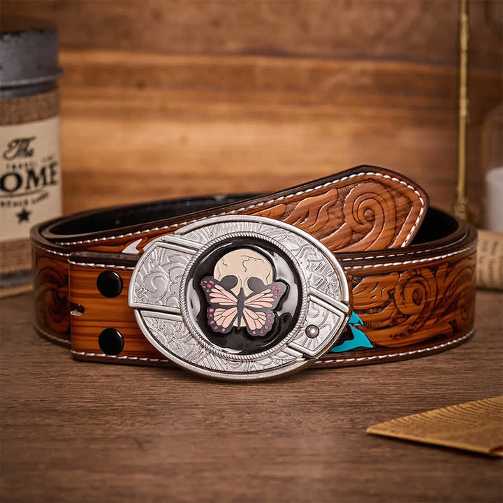 Life & Death Butterfly Skull DIY Hidden Folding Knife Buckle Leather Belt - Butterfly & Skull - Brown Feather Belt - 40 - image 7