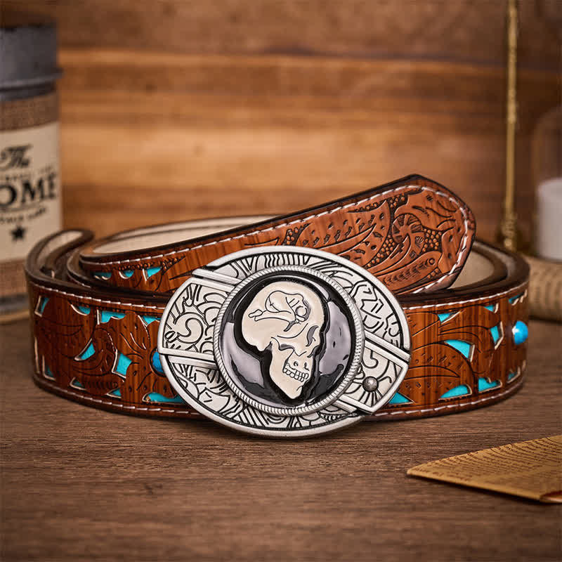 The Dream Of The Skull Surrealist Art DIY Hidden Folding Knife Buckle Leather Belt - The Dream Of The Skull - Turquoise Carved Belt - 42 - image 3