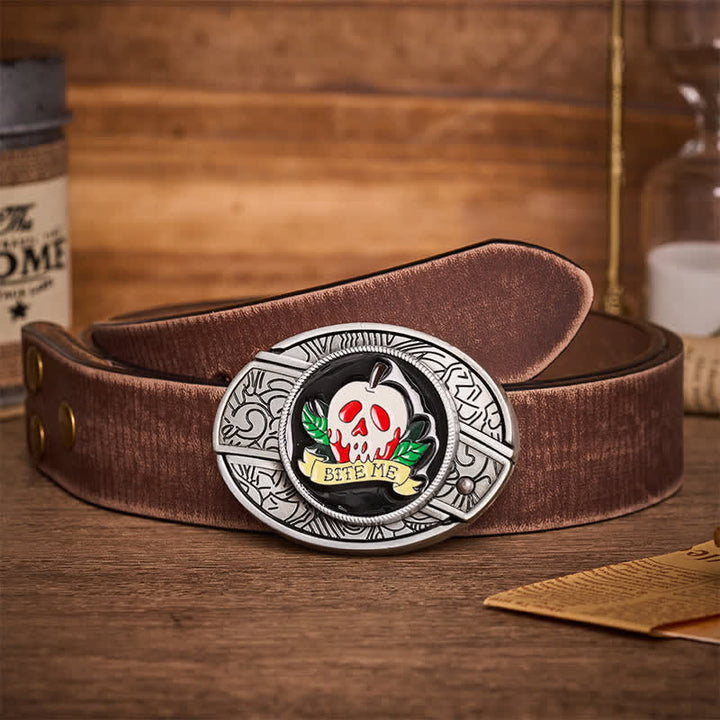 "BITE ME" Poison Apple Skull DIY Hidden Folding Knife Buckle Leather Belt - Skull & Apple - Brown Distressed Belt - 42 - image 5