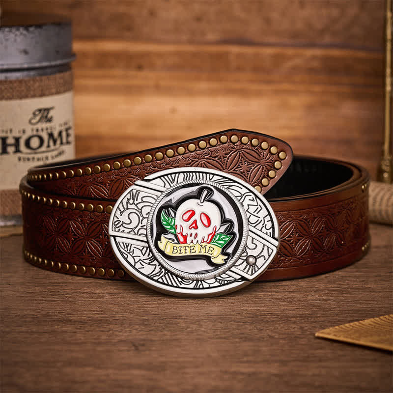 "BITE ME" Poison Apple Skull DIY Hidden Folding Knife Buckle Leather Belt - Skull & Apple - Brown Rivet Belt - 42 - image 4