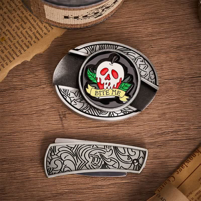"BITE ME" Poison Apple Skull DIY Hidden Folding Knife Buckle Leather Belt - image 9