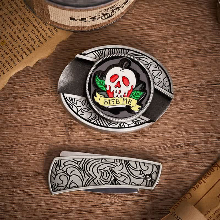 "BITE ME" Poison Apple Skull DIY Hidden Folding Knife Buckle Leather Belt - image 9