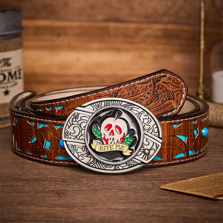 "BITE ME" Poison Apple Skull DIY Hidden Folding Knife Buckle Leather Belt - Skull & Apple - Turquoise Carved Belt - 42 - image 3