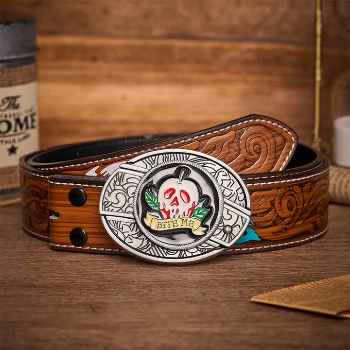 "BITE ME" Poison Apple Skull DIY Hidden Folding Knife Buckle Leather Belt - Skull & Apple - Brown Feather Belt - 40 - image 6
