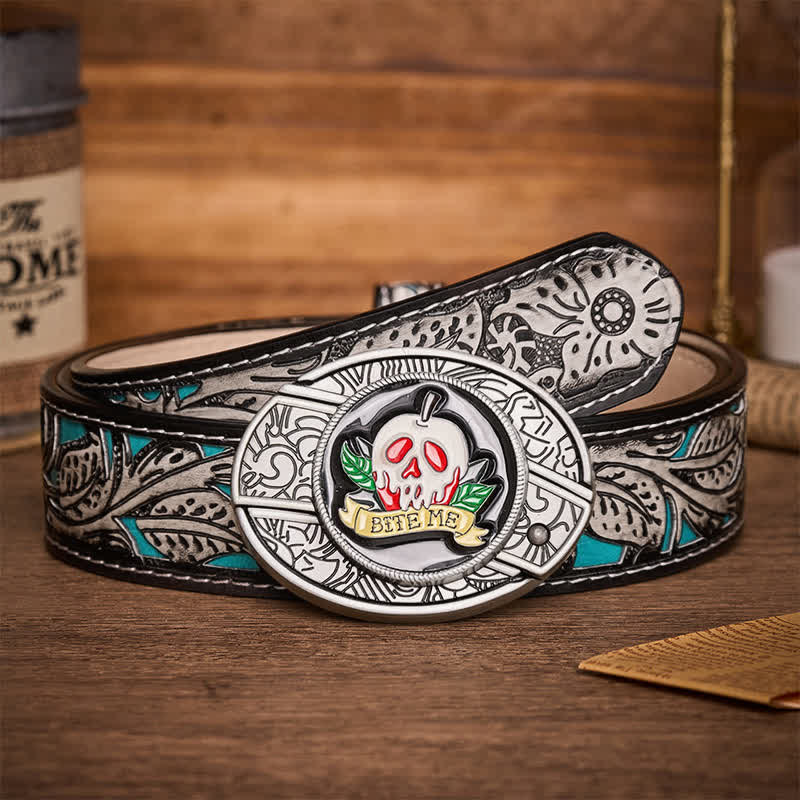 "BITE ME" Poison Apple Skull DIY Hidden Folding Knife Buckle Leather Belt - Skull & Apple - Gray Floral Belt - 42 - image 7