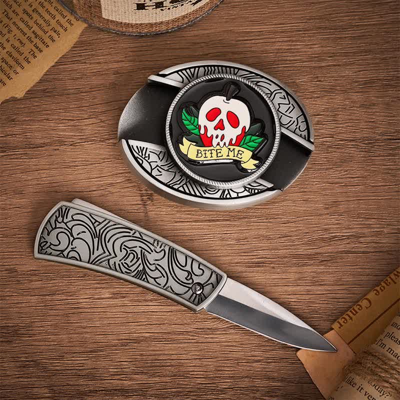 "BITE ME" Poison Apple Skull DIY Hidden Folding Knife Buckle Leather Belt - image 1