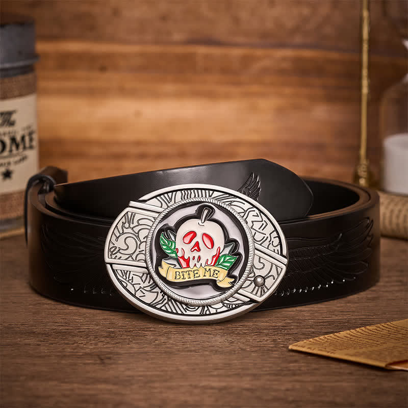 "BITE ME" Poison Apple Skull DIY Hidden Folding Knife Buckle Leather Belt - Skull & Apple - Black Embossed Eagle Belt - 42 - image 2