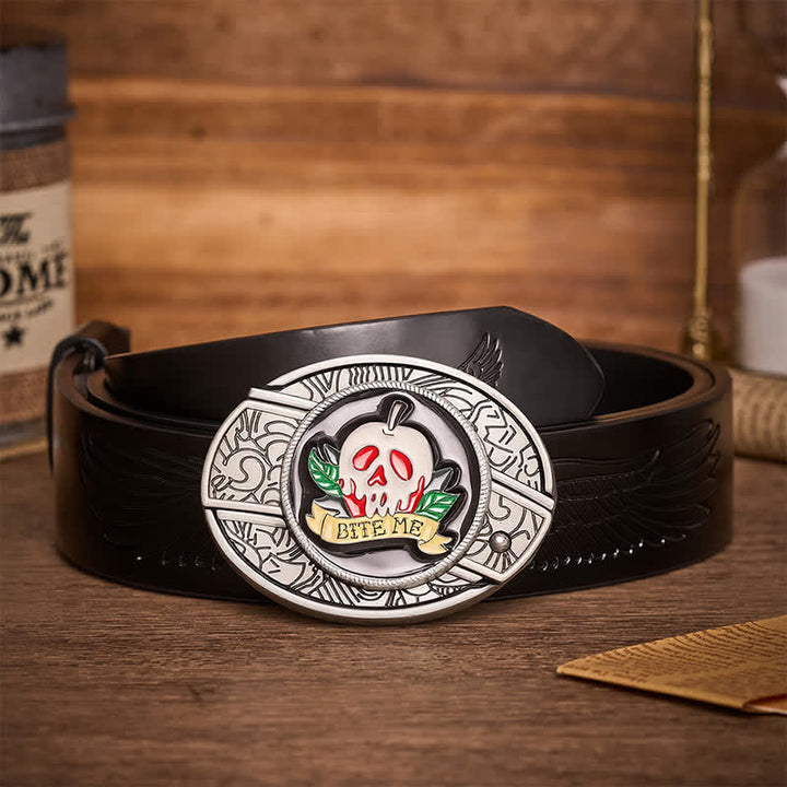 "BITE ME" Poison Apple Skull DIY Hidden Folding Knife Buckle Leather Belt - Skull & Apple - Black Embossed Eagle Belt - 42 - image 2