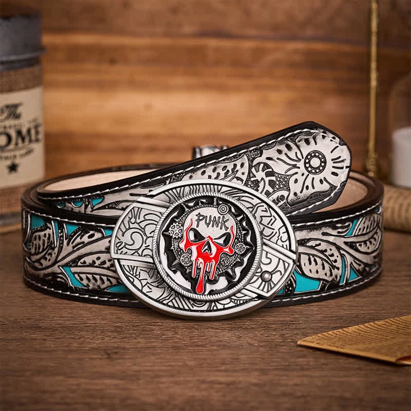 Blood Punk Skull DIY Hidden Folding Knife Buckle Leather Belt - Blood Punk Skull - Gray Floral Belt - 42 - image 8