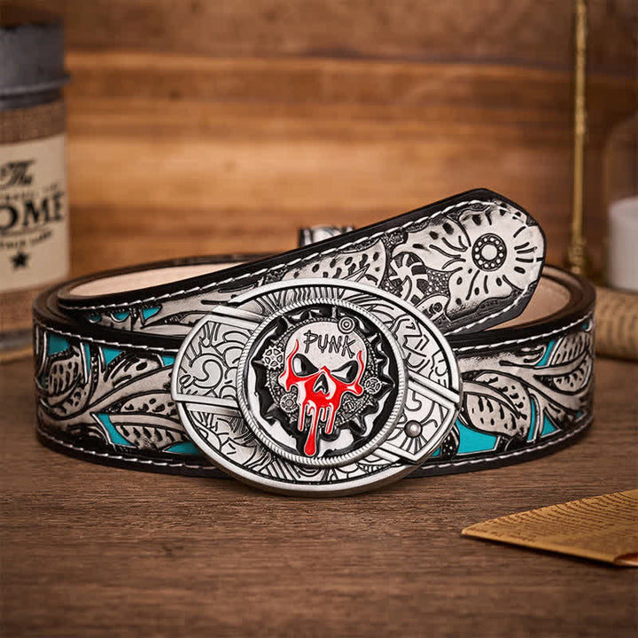 Blood Punk Skull DIY Hidden Folding Knife Buckle Leather Belt - Blood Punk Skull - Gray Floral Belt - 42 - image 8