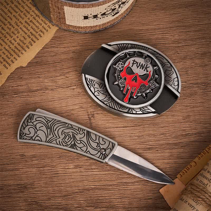 Blood Punk Skull DIY Hidden Folding Knife Buckle Leather Belt - image 1