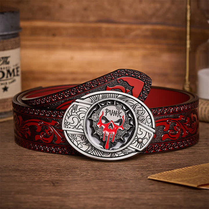 Blood Punk Skull DIY Hidden Folding Knife Buckle Leather Belt - Blood Punk Skull - Brown Carved Belt - 42 - image 6