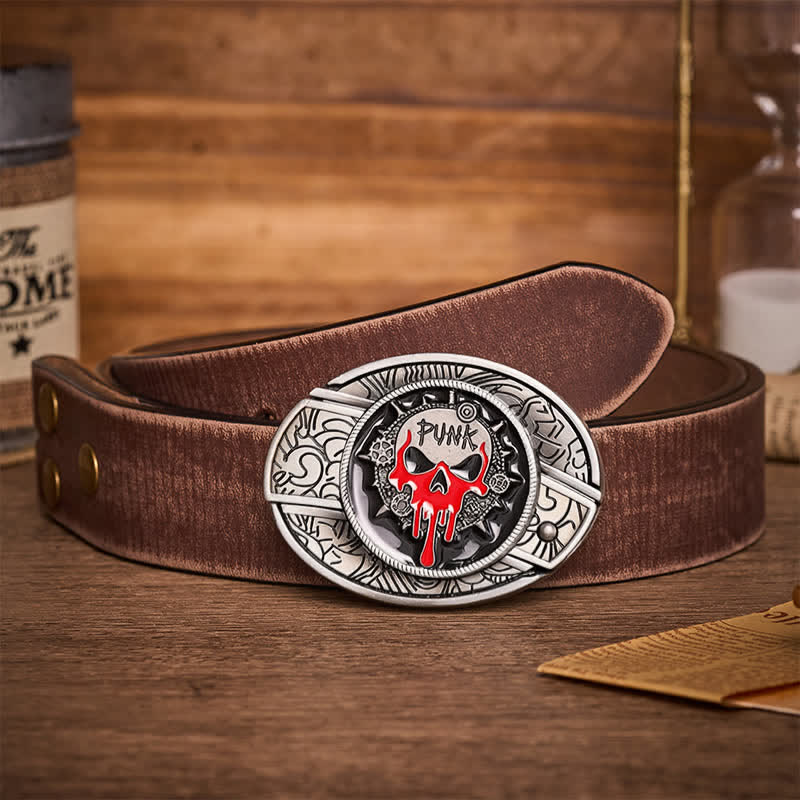 Blood Punk Skull DIY Hidden Folding Knife Buckle Leather Belt - Blood Punk Skull - Brown Distressed Belt - 42 - image 5