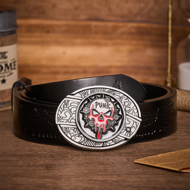 Blood Punk Skull DIY Hidden Folding Knife Buckle Leather Belt - Blood Punk Skull - Black Embossed Eagle Belt - 42 - image 2