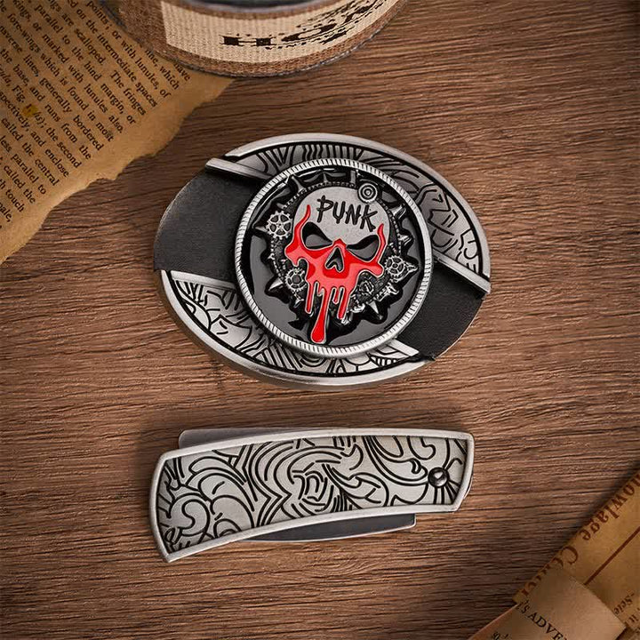 Blood Punk Skull DIY Hidden Folding Knife Buckle Leather Belt - image 10