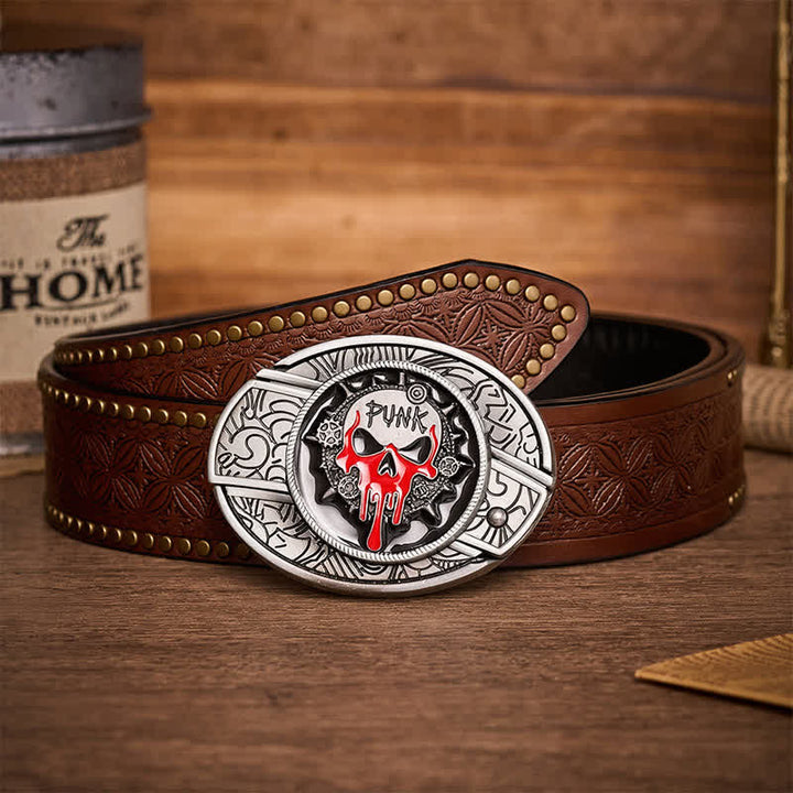 Blood Punk Skull DIY Hidden Folding Knife Buckle Leather Belt - Blood Punk Skull - Brown Rivet Belt - 42 - image 4