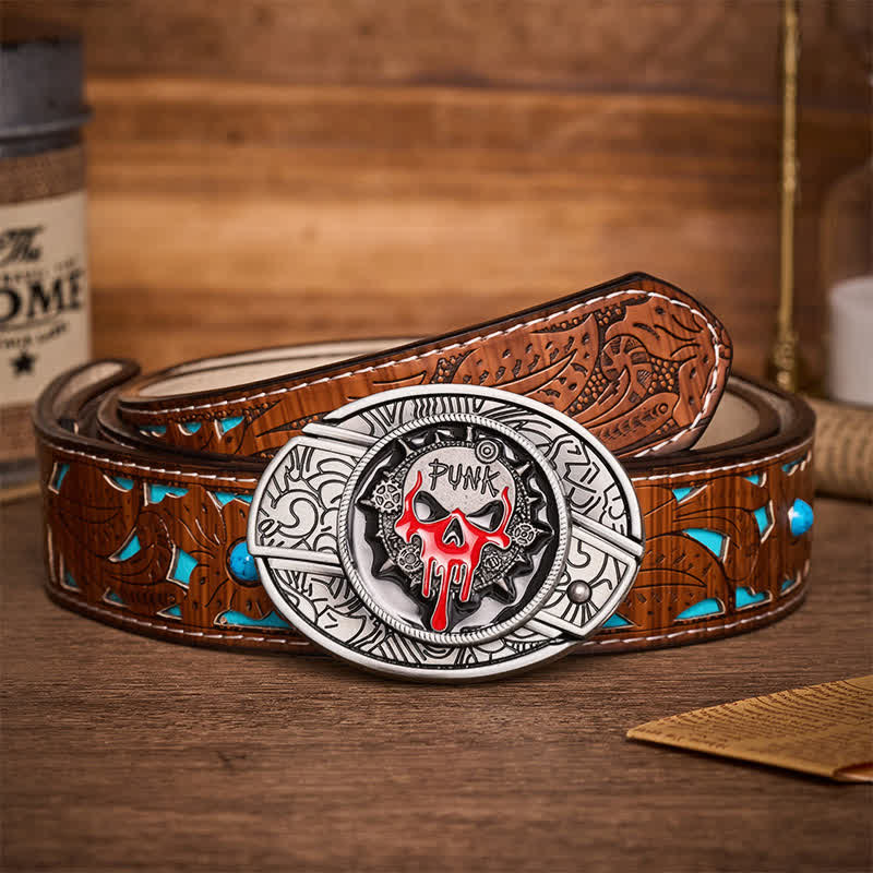 Blood Punk Skull DIY Hidden Folding Knife Buckle Leather Belt - Blood Punk Skull - Turquoise Carved Belt - 42 - image 3