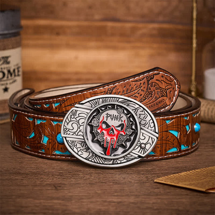Blood Punk Skull DIY Hidden Folding Knife Buckle Leather Belt - Blood Punk Skull - Turquoise Carved Belt - 42 - image 3
