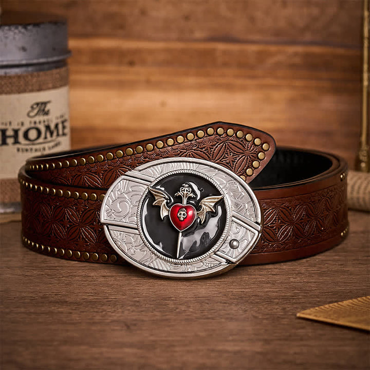 Bat Wings & Skull Vampire Heart DIY Hidden Folding Knife Buckle Leather Belt - Bat Heart - Brown Rivet Belt - 42 - image 4