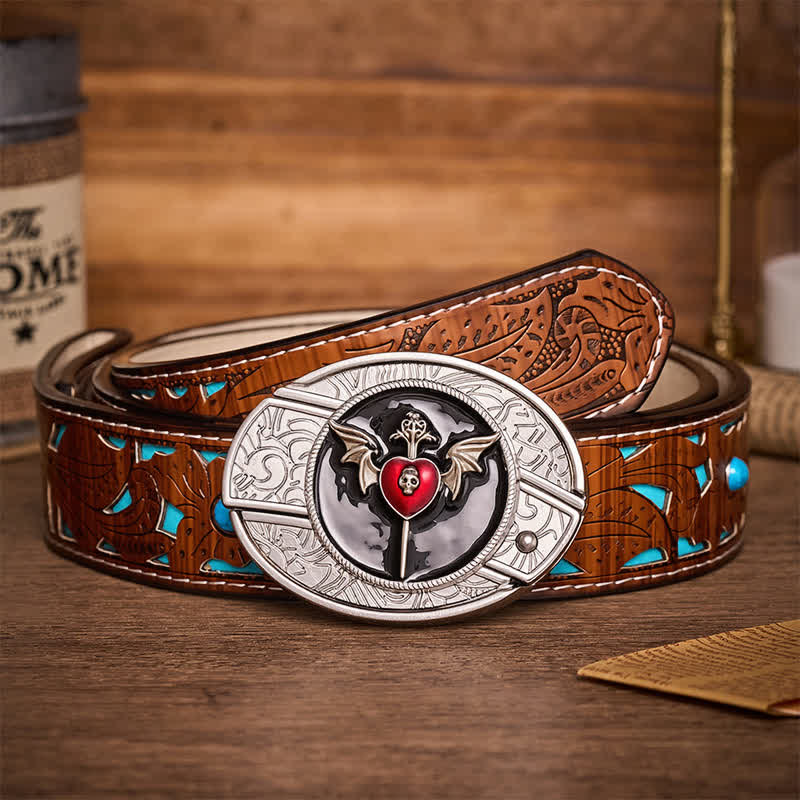 Bat Wings & Skull Vampire Heart DIY Hidden Folding Knife Buckle Leather Belt - Bat Heart - Turquoise Carved Belt - 42 - image 3