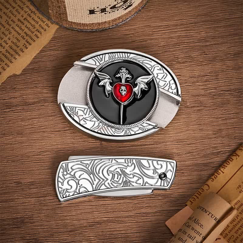 Bat Wings & Skull Vampire Heart DIY Hidden Folding Knife Buckle Leather Belt - image 10
