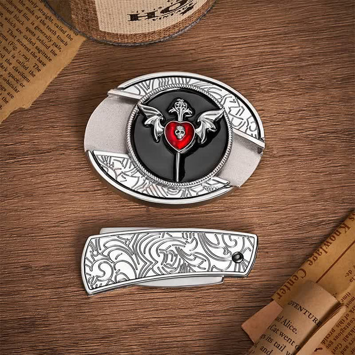 Bat Wings & Skull Vampire Heart DIY Hidden Folding Knife Buckle Leather Belt - image 10