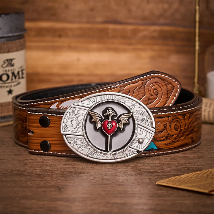 Bat Wings & Skull Vampire Heart DIY Hidden Folding Knife Buckle Leather Belt - Bat Heart - Brown Feather Belt - 40 - image 7