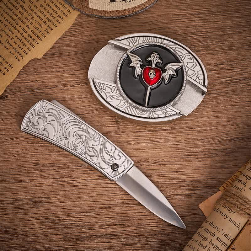 Bat Wings & Skull Vampire Heart DIY Hidden Folding Knife Buckle Leather Belt - image 1