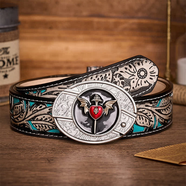 Bat Wings & Skull Vampire Heart DIY Hidden Folding Knife Buckle Leather Belt - Bat Heart - Gray Floral Belt - 42 - image 8